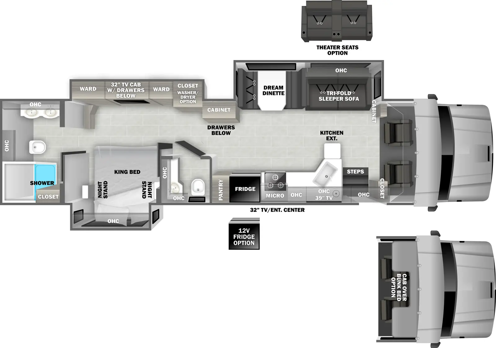 The 37RB has three slideouts and one entry. Exterior features a TV/entertainment center. Interior layout front to back: cockpit (optional cab over bunk bed); off-door side cabinet, and slideout with tri-fold sleeper sofa (optional theater seating), overhead cabinet, and dream dinette; door side closet, entry, overhead cabinet, kitchen counter with extension, sink, TV, microwave, cooktop, refrigerator (optional 2-way refrigerator), and pantry; off-door side cabinet with drawers below, and slideout with closet with washer/dryer option, and wardrobes with TV and drawers below; door side full bathroom with overhead cabinet; door side king bed slideout with overhead cabinet and night stands on each side; rear full bathroom with dual sinks, closet, and overhead cabinets.